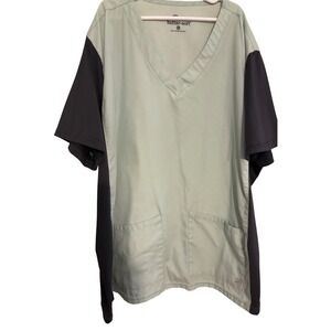 Butter-Soft Two-Tone Scrub Sage Green Black Top‎ V-Neck Short Sleeve Pockets XL